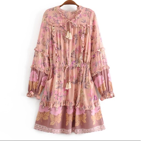 SOLD OUT Boho Gypsy Floral Long Sleeve Ruffle Mini Dress - Picture 7 of 10